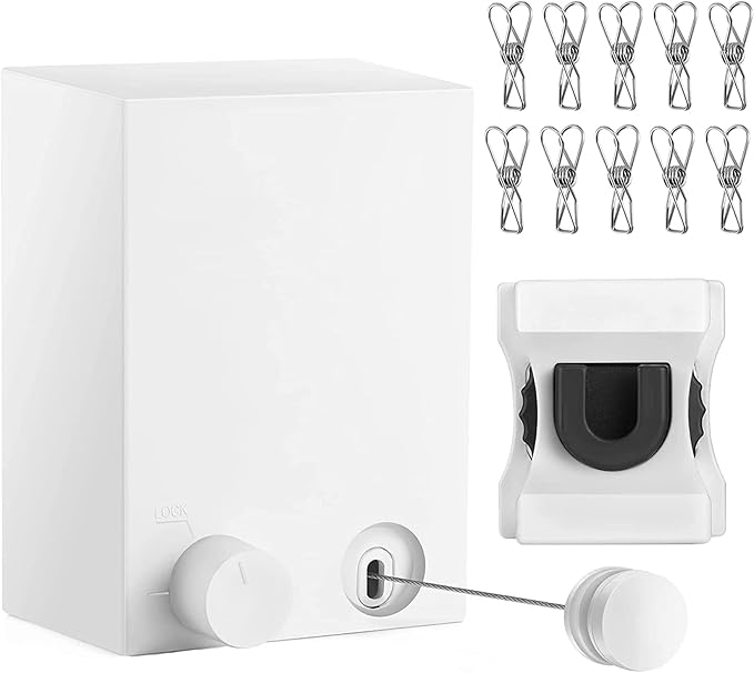 Retractable Clothesline Clothes Line Retracting Outdoor/Indoor, Heavy Duty Stainless Steel Adjustable Drying Rope Wire Dryer with ABS case+Aluminum, Self Adhesive Wall Mount Upgrade Knob White