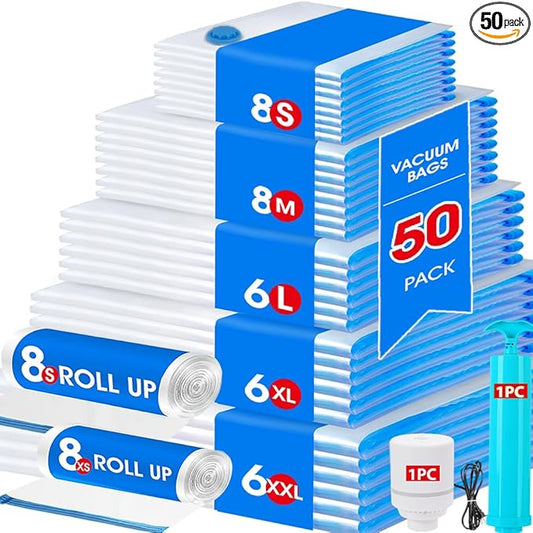 AROIC 50 Pack Vacuum Storage Bags Set - Space Saver Vacuum Bags for Clothing, Blankets, Seasonal Storage with Electric Pump, Vacuum Sealer Bags for Luggage, Travel Essentials, Bedding