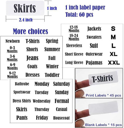 16 Pack White Clothing Rack Size Dividers Plus 60 Labels (1 Inch) and 16 Large Blank Labels, Large Rectangular Clothing Closet Dividers (Pearl White)