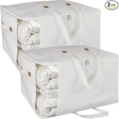 Heavy Duty Cotton Canvas Storage Bags For Comforter Blankets Clothes Extra Large Foldable Organizer with Clear Window & Reinforced Handles, Dustproof Design (White, 80L-2Pack)