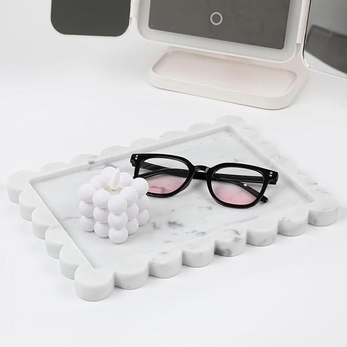 Faticdorr Carrara Natural Marble Scalloped Tray 10.8" x 8", Marble Vanity Tray for Jewelry Trinket Cosmetics Perfume Candle, Luxury Decorative Trays for Bathroom Kitchen Dresser Countertop, White