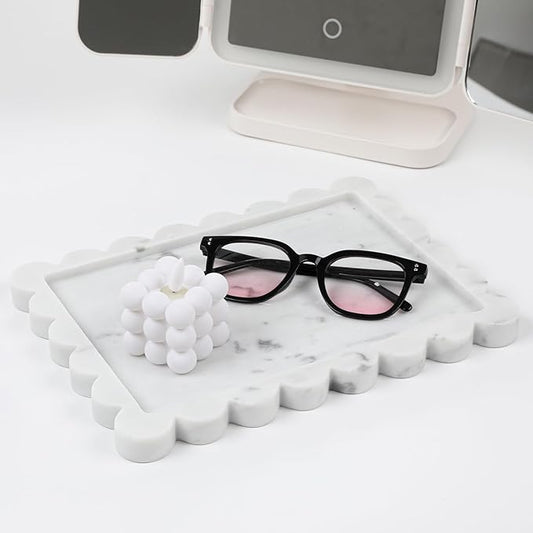 Faticdorr Carrara Natural Marble Scalloped Tray 10.8" x 8", Marble Vanity Tray for Jewelry Trinket Cosmetics Perfume Candle, Luxury Decorative Trays for Bathroom Kitchen Dresser Countertop, White