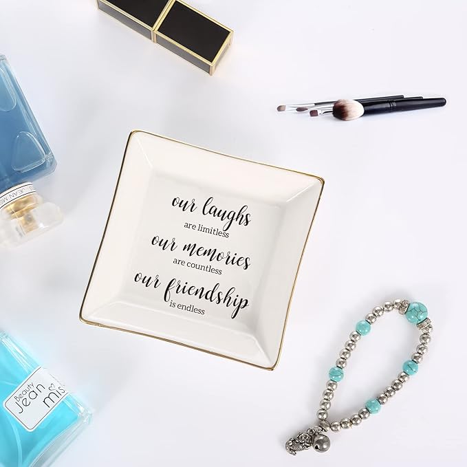 JOYIMARR Endless Friendship Gifts Ceramic Ring Dish Jewelry Tray,Birthday Gifts For Best Friend-Our Laughs Are Limitless,Our Memories Are Countless,Our Friendship Is Endless