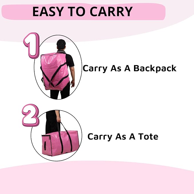 LALABAG 6-Pack Extra Large Heavy Duty Moving Bags with Zippers & Reinforced Handles - Pink Clothes Storage Bags, Oversized Packing Totes for Moving & Organizing