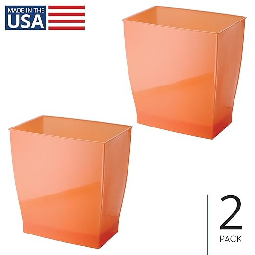 iDesign Small Plastic Bathroom Trash Can, Slim Rectangle Garbage Bin for Bedroom, Office, Dorm, 2-Pack, Orange