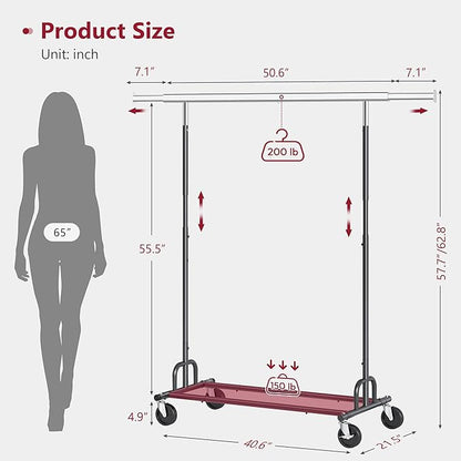 Tajsoon Clothes Rack Heavy Duty Clothing Rack Load 350 LBS, Rolling Clothing Rack for Hanging Clothes with Wheels & Extendable Rod, Collapsible Garment Rack with Bottom Shelf, Commercial, Black