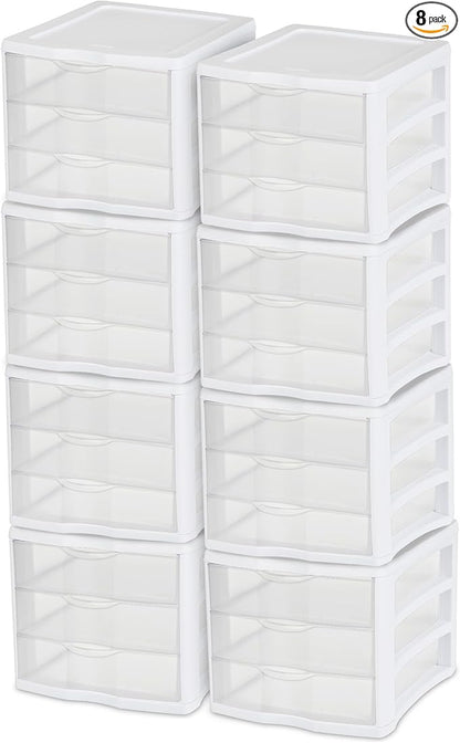 Sterilite ClearView Compact Stacking 3 Drawer Storage Organizer System, (8 Pack)