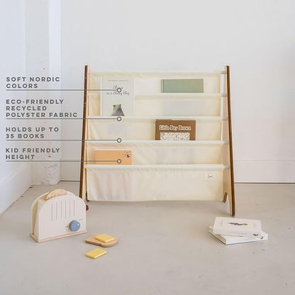 3 Sprouts Recycled Fabric Kids Bookshelf – 4-Tier Sling Book Rack Organizer - Nursery Room Playroom Classroom Wooden Book Shelves - Kid Bookcase Wood Storage Shelf for Toddler Age 3+ Cream