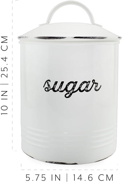 AuldHome Design Enamelware White Sugar Canister; Rustic Distressed Style Staples Storage for Kitchen