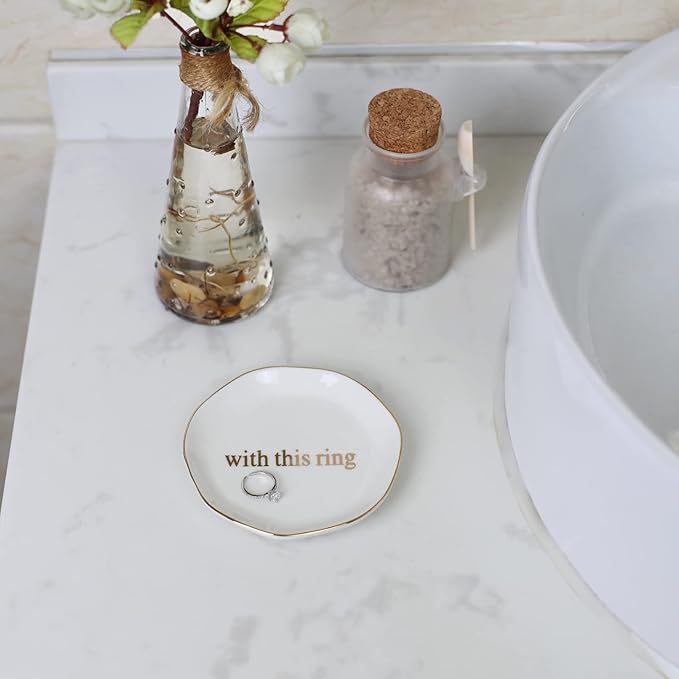VINCOMIC Engagement Wedding Ring Dish-With This Ring Jewelry Dish Tray-Gifts for Bride, Bride to be, Newlyweds, Ceramic White