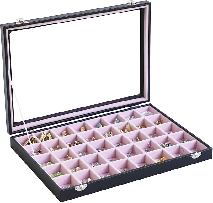 Stratalife Jewelry Organizer 40 Grid Pink Black Jewelry Tray with Clear Dust-proof Lid Velvet Earring Organizer Necklace Rings Holder Display Drawer Storage Case for Women