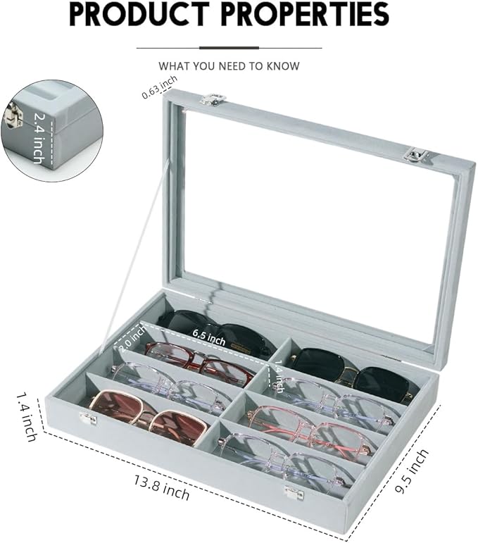 XHMQYC Glasses Holder Box Drawer Sunglass Organizer for Men Clear Wide Storage Case 8 Slots Multiple Reading Glasses Display, Gray Velvet With Clear Glass Lid