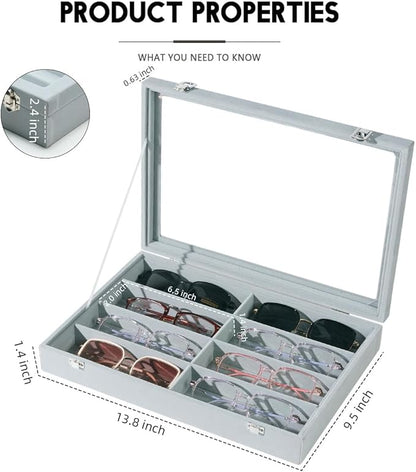 XHMQYC Glasses Holder Box Drawer Sunglass Organizer for Men Clear Wide Storage Case 8 Slots Multiple Reading Glasses Display, Gray Velvet With Clear Glass Lid