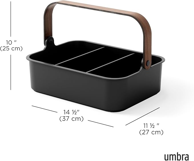 Umbra Bellwood Stackable Bin, 14" x 10" Durable Lightweight Container with Wooden Handle and Removable Dividers, Black/Walnut