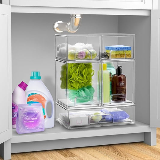 Sorbus Acrylic Storage Containers - 4 Pack, Stackable Storage Bins Set for Bathroom Organization - Clear Acrylic Drawer Organizers - Makeup Case Pull-Out Drawers (4.4’’ Tall)