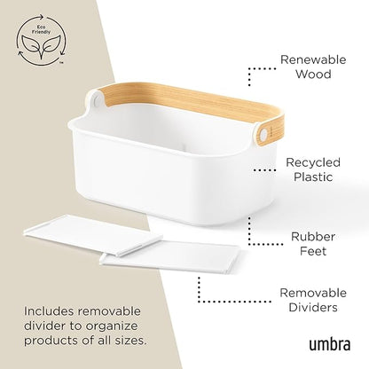 Umbra Bellwood Stackable Bin, 11" x 7" Durable Lightweight Container with Wooden Handle and Removable Dividers, White/Natural