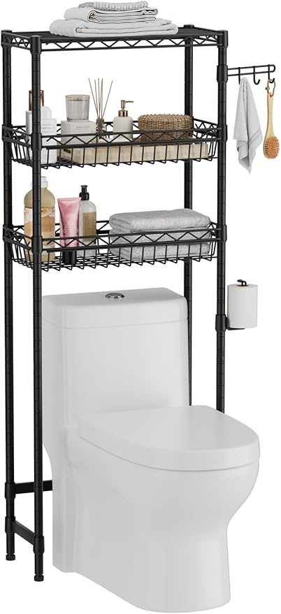 Golpart 3-Tier Over-The-Toilet Storage Shelf,Heavy-Duty Adjustable Bathroom Rack with 2 Mesh Baskets,Toilet Paper Holder & Hooks,Space-Saving Organizer for Bathroom,10”D x 24”W x 66”H,Black