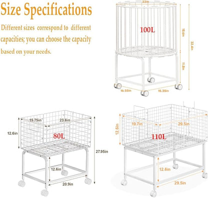 Wire Laundry Hamper Cart,80L Laundry Hamper Trolley with Pull Handle,White High Laundry Basket Cart for Laundry Room,Bathroom,Bedroom-White（23.6 * 15.75 * 28inch）