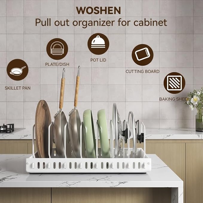 Pull-Out Pots and Pans Organizer, 2 Pack Under Cabinet Pot Lid Holder, Slide Lid Organizers Inside Cabinet, Pot Lid Organizer for Kitchen, Bakeware, Dishes, 10 Adjustable Dividers - White