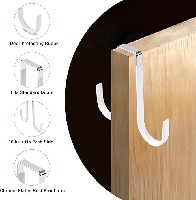 Manesi Double Sided Over The Door Hooks for Clothes. Over The Door Hanger Hook Set of Four. Towel Hanger for Bathroom, Wreath Hook, Coat Rack Hat Organizer or Plant Hooks for Ceiling 4 Pack