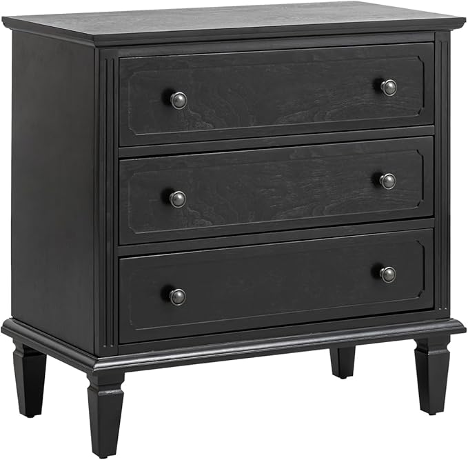 HULALA HOME 3 Drawer End Table with Charging Station, Wooden Drawer Organizer with Wood Legs, Mid Century Modern End Table, Black