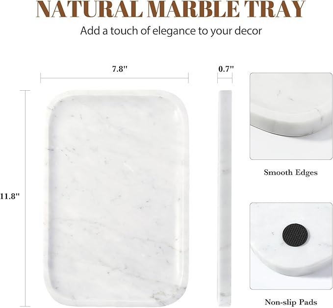 Koville Marble Tray, 12"x8" Marble Vanity Tray for Countertop Bathroom Kitchen Dresser, Decorative Catchall Trays for Perfume Jewelry, Rectangular Stone Serving Tray(Bianco Carrara)