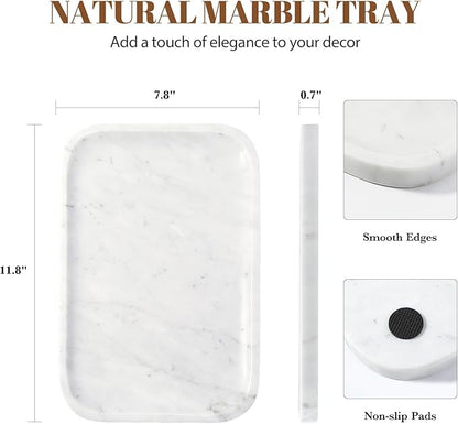 Koville Marble Tray, 12"x8" Marble Vanity Tray for Countertop Bathroom Kitchen Dresser, Decorative Catchall Trays for Perfume Jewelry, Rectangular Stone Serving Tray(Bianco Carrara)