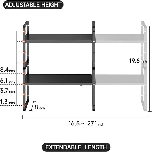 jkxoo 2Pack 16.5-27’’L Expandable Cabinet Shelf Organizers, Stackable Metal Shelves Extender for Kitchen Countertop Storage, Adjustable Spices Shelves Rack Stand for Cupboard Pantry, Black