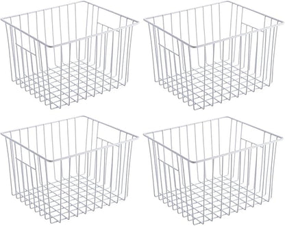 SANNO Freezer Wire Storage Organizer Basket, Refrigerator Storage Baskets Bins Organizer with Built-in Handles for Cabinets, Pantry, Closets, Bedrooms 4 Pack 11"x10"x 7" White