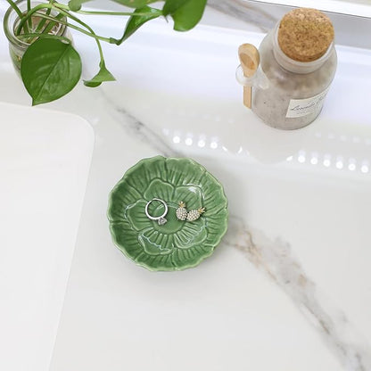 YZMICSTAR Flower Ring Dish Holder,Jewelry Dish Tray,Small Trinket Tray,Jewelry Plate Bowl,Key Bowl,Decorative Plate,Birtdhay Christmas Gifts for Women Friends,Ceramic Green