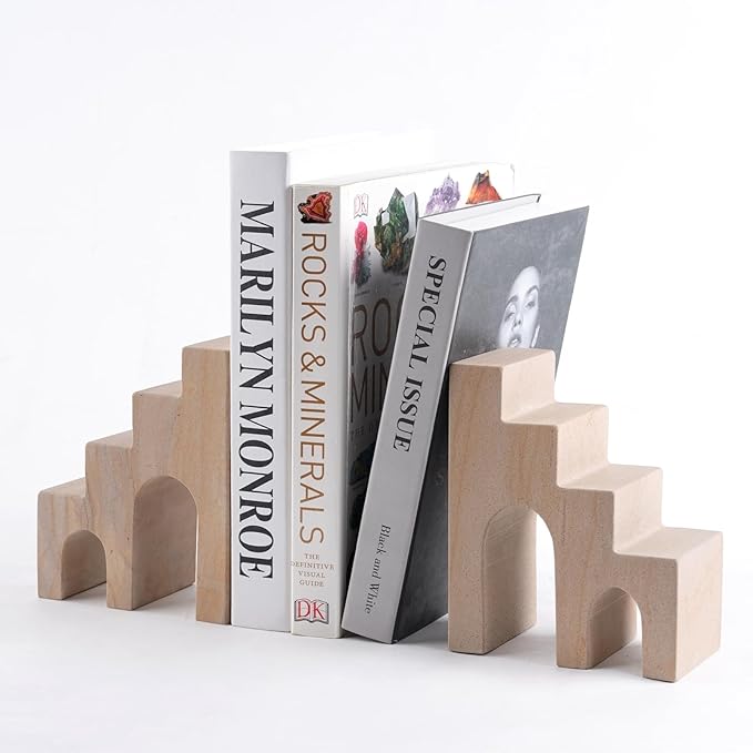 Natural Marble Book Ends for Shelves, Decorative Stone Bookends for Heavy Books, Aesthetic Castle Book Holder/Stopper for Chic Home, Office, or Library Decor, Ideal for Any Bookshelf, Set of 2