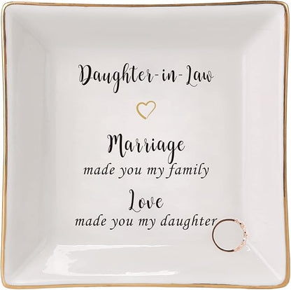 HOME SMILE Mother's Day Wedding Valentine Gifts for Daughter In Law From Mother In Law,Ceramic Ring Dish jewelry Tray,-Marriage Made You My Family,Love Made You My Daughter