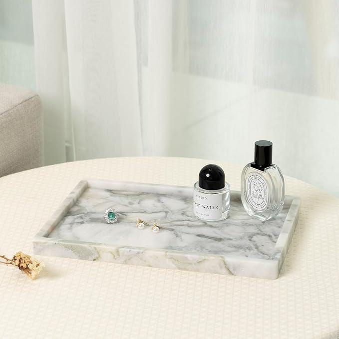 Koville Natural Marble Tray, 12x8“ Coffee Table Vanity/Decorative Tray for Jewerly, Watch, Perfume Candle Storage for Bedroom/Bathroom/Kitchen Countertop