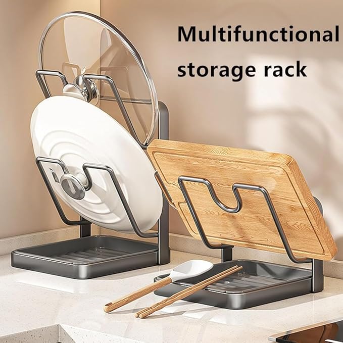2026 New Kitchen Pot Lid Storage Rack, Pot Lid Holder While Cooking, Double Layer Lid and Spoon Rest With Tray, Multifunctional Spatula Holder For Stovetop, Kitchen Counter (Double Layer-grey)