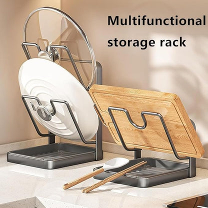 2026 New Kitchen Pot Lid Storage Rack, Pot Lid Holder While Cooking, Double Layer Lid and Spoon Rest With Tray, Multifunctional Spatula Holder For Stovetop, Kitchen Counter (Double Layer-grey)