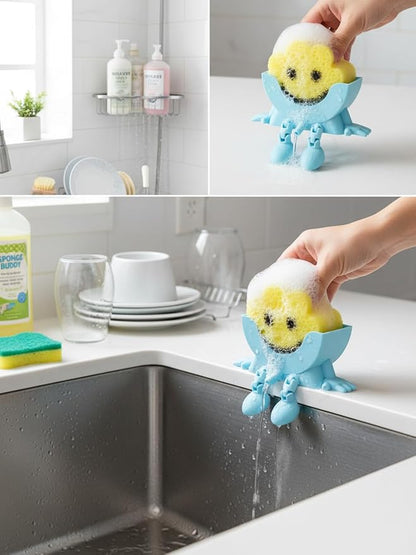 3D Printed Sponge Holder for Scrub Daddy Cute Smiley Sponge Holder with Drainage Funny Sponges Stand for Kitchen Sink Accessories Organizer Storage Utility Declutter Gadgets (Black)