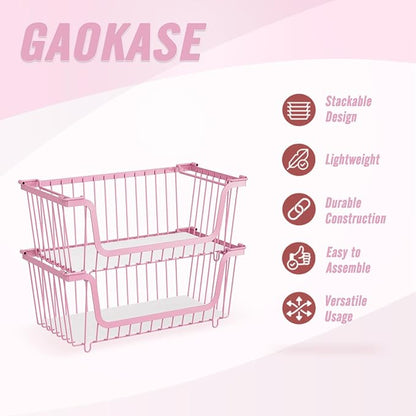 4 Pcs Stackable Wire Baskets for Pantry Organizers and Storage,Vegetable Fruit Basket for Countertop,Kitchen Storage Metal Baskets,Produce Potato Onion Storage Bin,pink