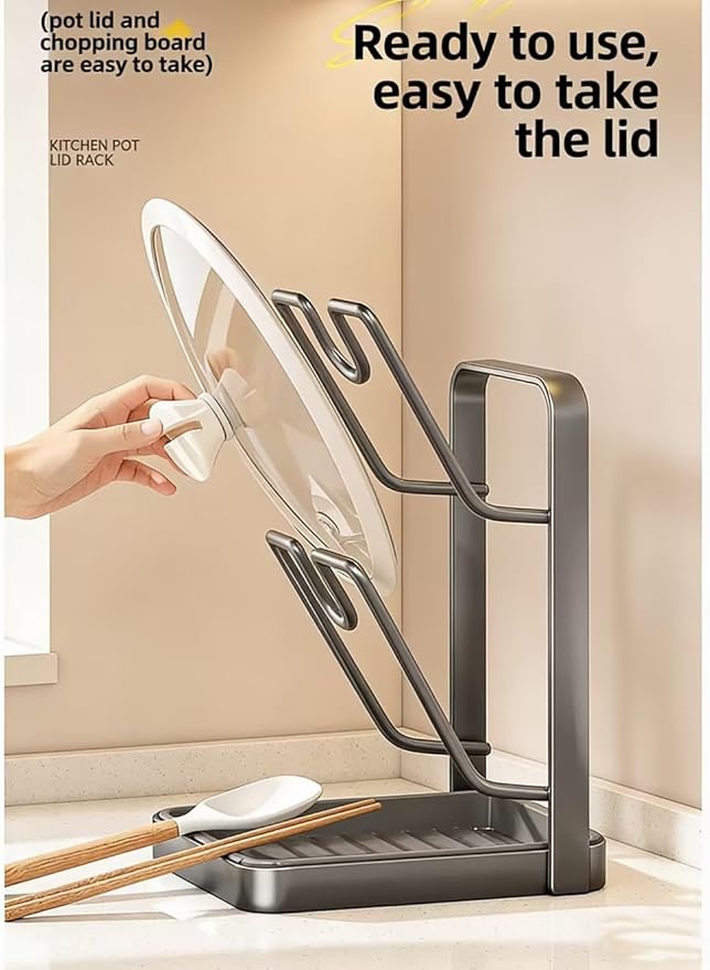 Kitchen Pot Lid Storage Rack, Thickened Carbon Steel Material Pot Lid Holder While Cooking, Multifunctional Kitchen Pot Cover Organizer for Countertop, With Removable Drip Tray (Gray double-layer)