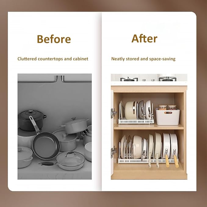WUETOAYA Expandable Pots and Pans Organizer Rack, Pot Lid Kitchen Cabinet Organizer Holder with 10 Adjustable Compartment, Cookware Rack for Kitchen Cabinet Storage, White