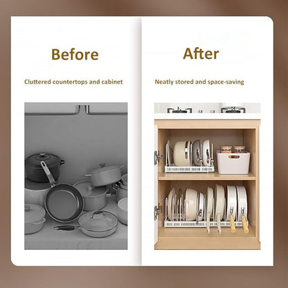 WUETOAYA Expandable Pots and Pans Organizer Rack, Pot Lid Kitchen Cabinet Organizer Holder with 10 Adjustable Compartment, Cookware Rack for Kitchen Cabinet Storage, White