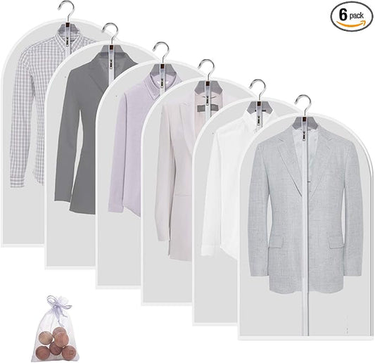 6 Pack Garment Bags for Hanging Clothes (24x40") - Dustproof Suit Bags for Closet Storage - Durable PEVA Covers with Sturdy Zipper for Coats, Jackets & Dresses (Translucent)
