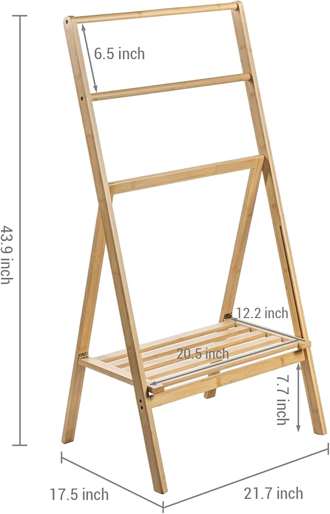 MyGift 3 Tier Free Standing Towel Rack, Foldable Blanket Ladder with Storage Shelf, 43" H Bath Towel Holder Organizer Drying Rack, Light Brown Solid Bamboo Quilt Rack