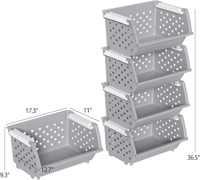 Large Plastic Stackable Storage Baskets, Plastic Open Front Stacking Bins, Gray, 4 Packs