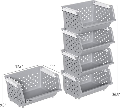 Large Plastic Stackable Storage Baskets, Plastic Open Front Stacking Bins, Gray, 4 Packs