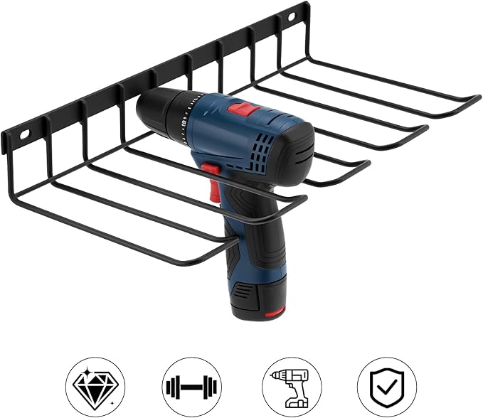 QWORK Drill Holder Wall Mount, 2 Pack Alloy Steel Power Tool Organizer Rack for Garage & Workshop, Space-Saving Storage for Drills & Accessories, 50lbs Capacity, 16.5" x 7.8" x2.36"