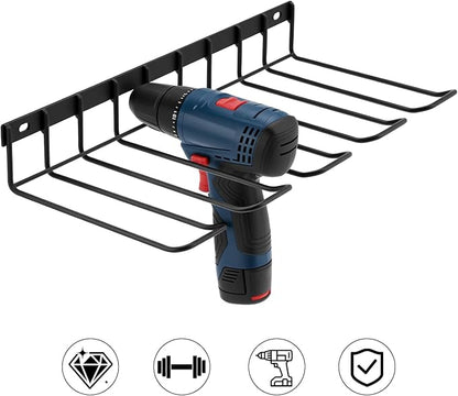 QWORK Drill Holder Wall Mount, 2 Pack Alloy Steel Power Tool Organizer Rack for Garage & Workshop, Space-Saving Storage for Drills & Accessories, 50lbs Capacity, 16.5" x 7.8" x2.36"