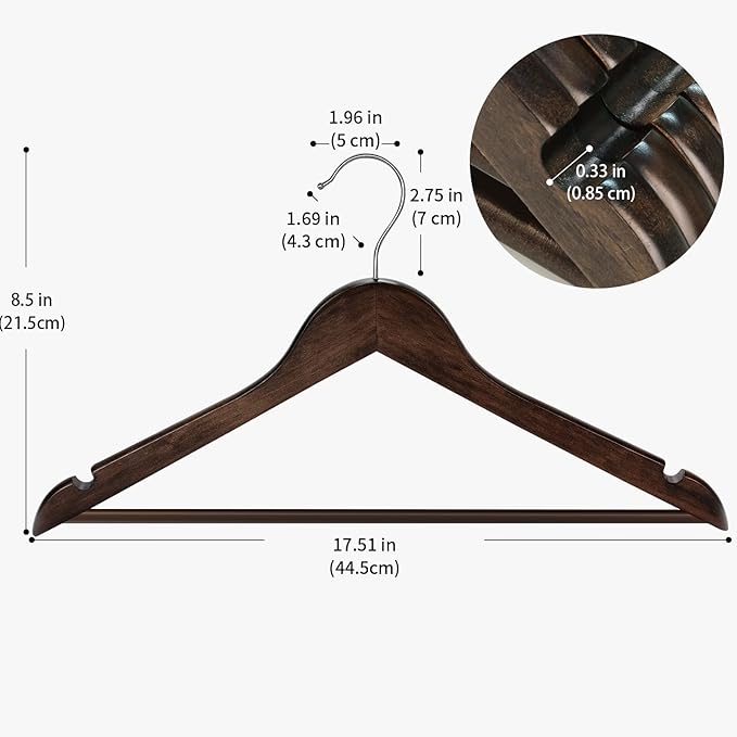 ABHENG 20 Pack Wooden Coat Hangers, 360° Swivel Hook, Suit Hangers with Anti-Slip Notches, for Jackets, Shirts, Dress, Dark Walnut, UAWY0520H
