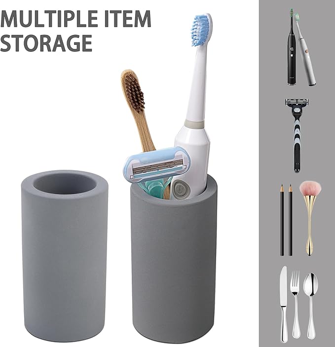 Coengwui 2Pcs Diatomite Toothbrush Holder for Bathroom Sink, Countertop Organizer, Quick Dry Stand Cup for Toothpaste, Razors, Makeup Brushes - Water-Absorbent & Quick-Drying (Dark Grey, Height 4.3")