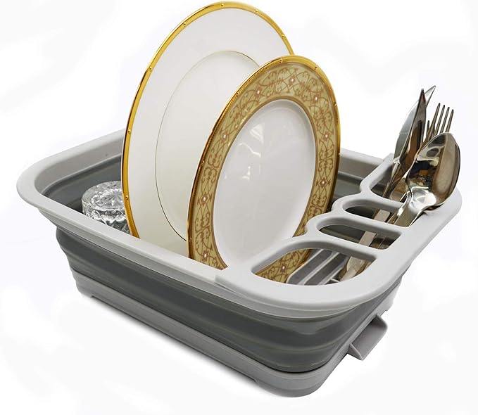 SAMMART Set of 2 Collapsible Dish Drainer with Drainer Board - Foldable Drying Rack Set - Portable Dinnerware Organizer - Space Saving Kitchen Storage Tray (2, Grey)