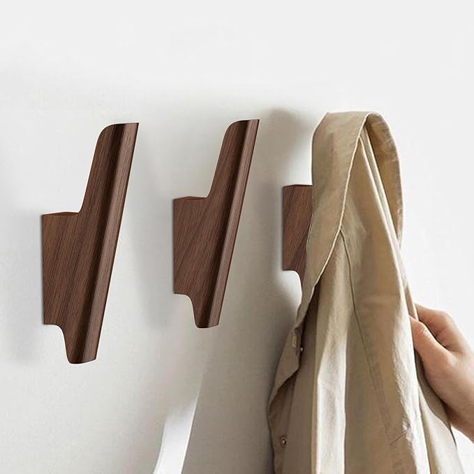 Wood Wall Hooks 4 Pack Coat Hooks Wall Mount Walnut Wooden Hooks for Hanging Hat, Bag, Backpack, Rustic Coat Hooks for Wall, Wood Towel Hooks for Bathrooms and Entryway Hooks (Walnut, Dark)